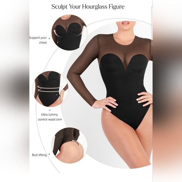 Popilush Women's Black Long Sleeve Mesh Shapewear Tummy Control Bodysuit Size M - Picture 3 of 9